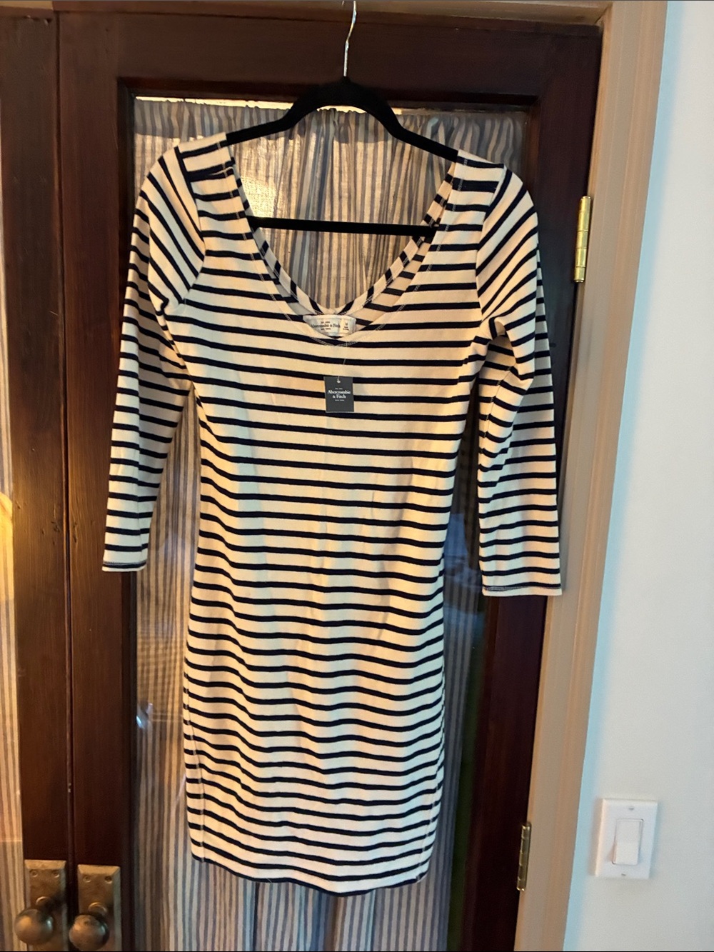 Abercrombie & Fitch Blue and White Striped Long-Sleeve V-Neck Knit Dress